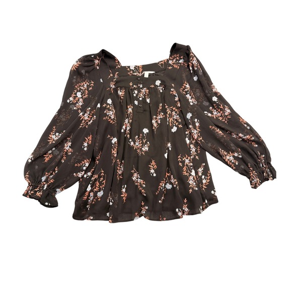 LC Lauren Conrad Tops - LC Lauren Conrad Floral Blouse Womens Large Black Square Neck Balloon Sleeve Top